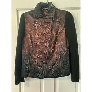 Madison Hill Womens Moto Jacket SZ Med Iridescent Copper Textured Knit Sleeve